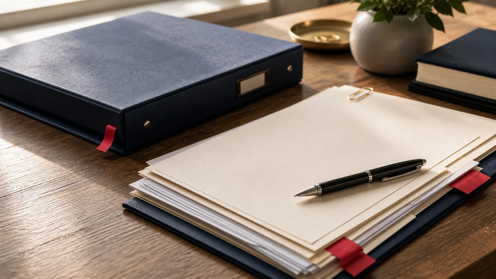 Organized estate documents, binder, pen, and red index tabs